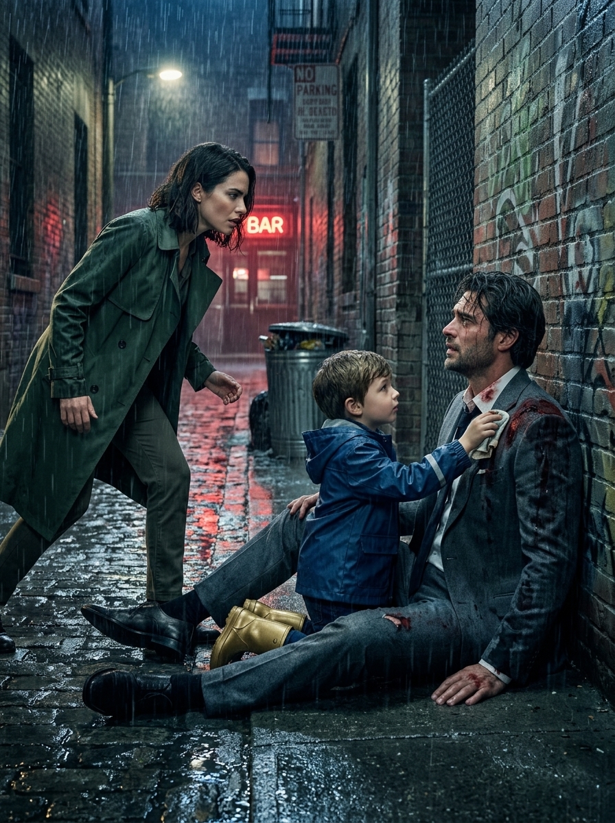 “Don’t cry, sir… My mom is going to save you” – The boy in the golden boots comforts the bleeding billionaire mafia boss in a narrow alleyway in the cold rain – then his mother rushes to his side… and the encounter exposes the lie that ruined everyone
