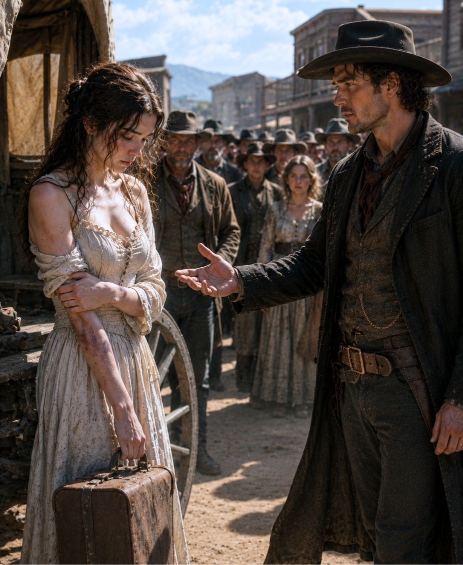 The Mail-Order Bride Stepped Off The Wagon And Tried To Hide Her Bruises, But The Whole Town Went Silent — And Only The Mountain Man Dared To Help