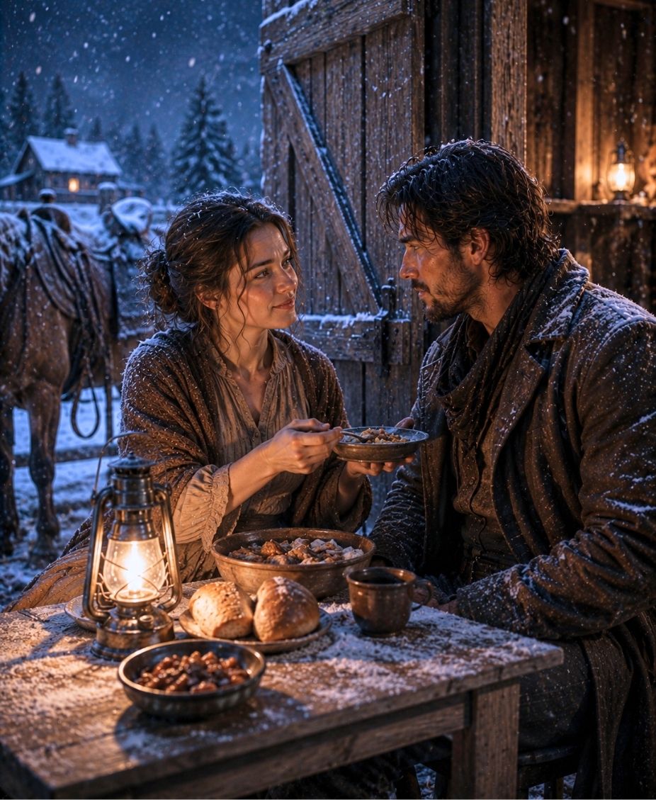 “Have you eaten?” the widow asked — the starving mountain man repaired her barn latch and found a place at her table forever