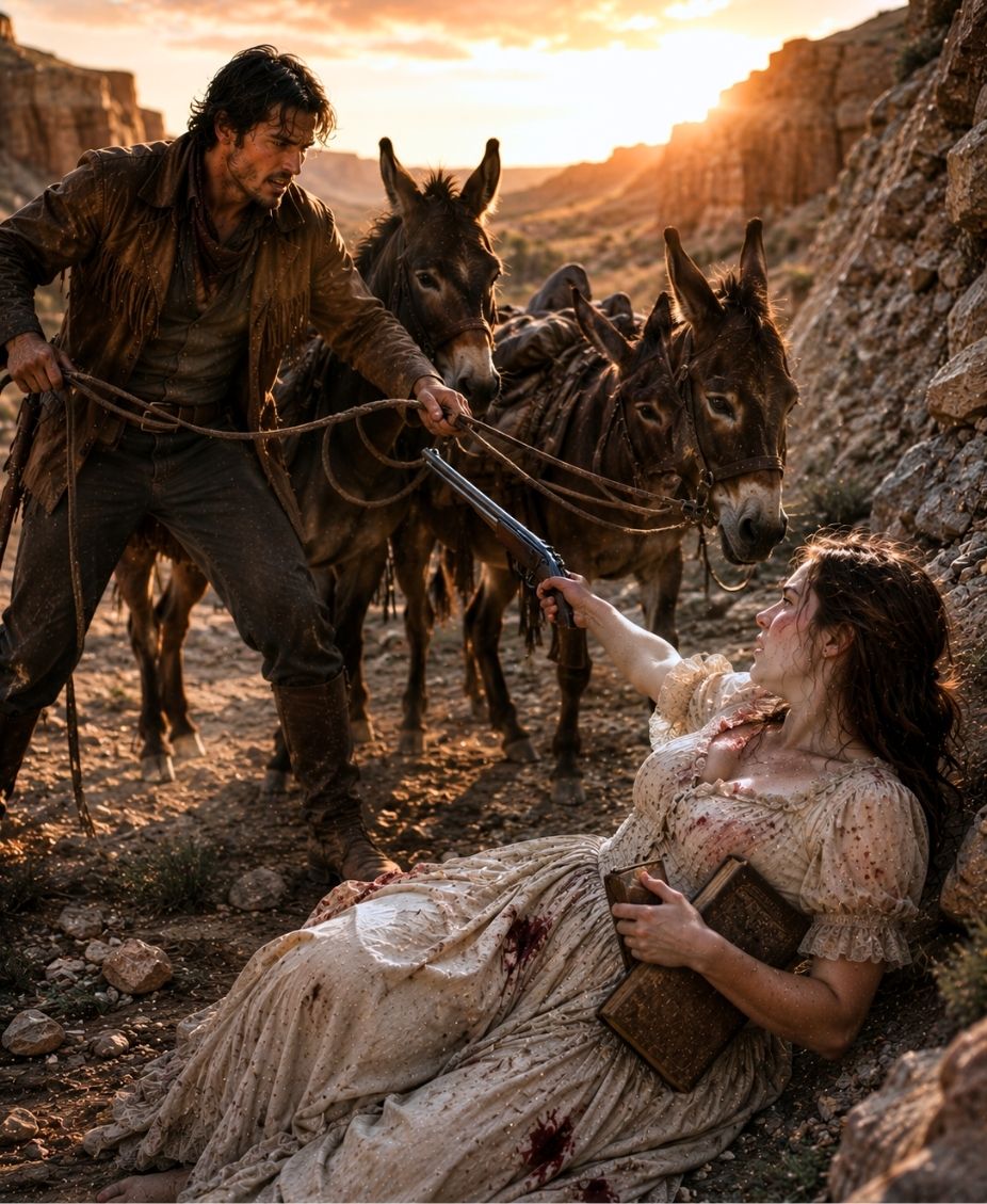 “Move, You Stubborn Beasts,” the Mountain Man Growled – But His Three Donkeys Dragged Him to a Ravine Where a Dying Woman Aimed a Winchester and Whispered About a Ledger