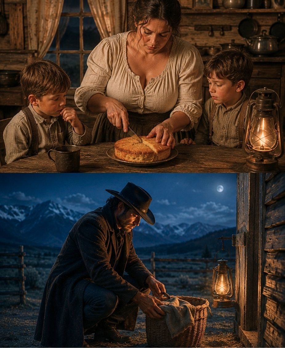A Widow Divided Her Last Biscuit So Her Sons Could Eat — A Rancher Watched From the Dark and Left a Basket at Dawn Without Knocking, Without His Name
