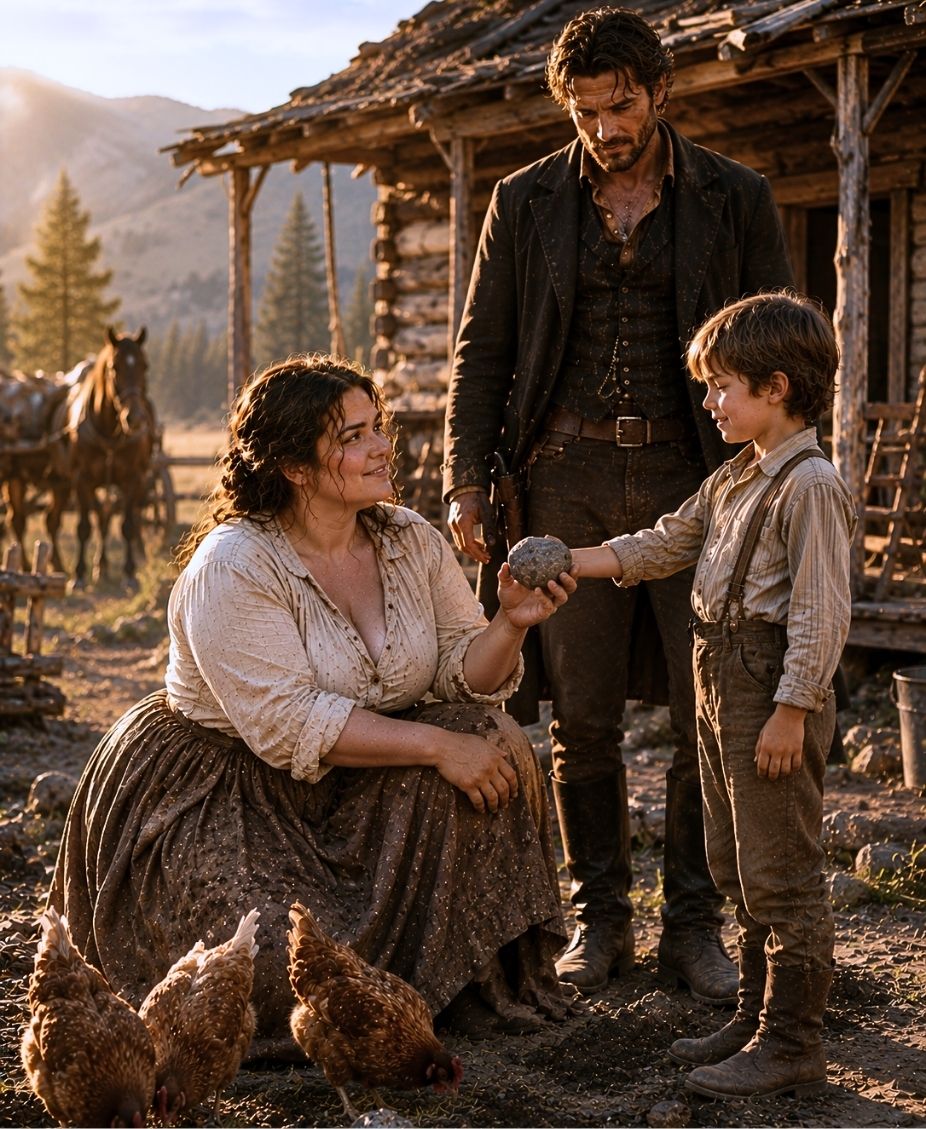 They Gave Her a Three Starving Hens and a Rotting Cabin—Then the Widower’s Silent Boy Gave Her a Stone That Exposed Their Lies