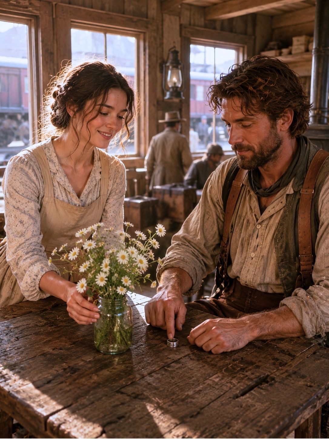 She set daisies on his rough table—mountain man slid a ring beside them before sundown