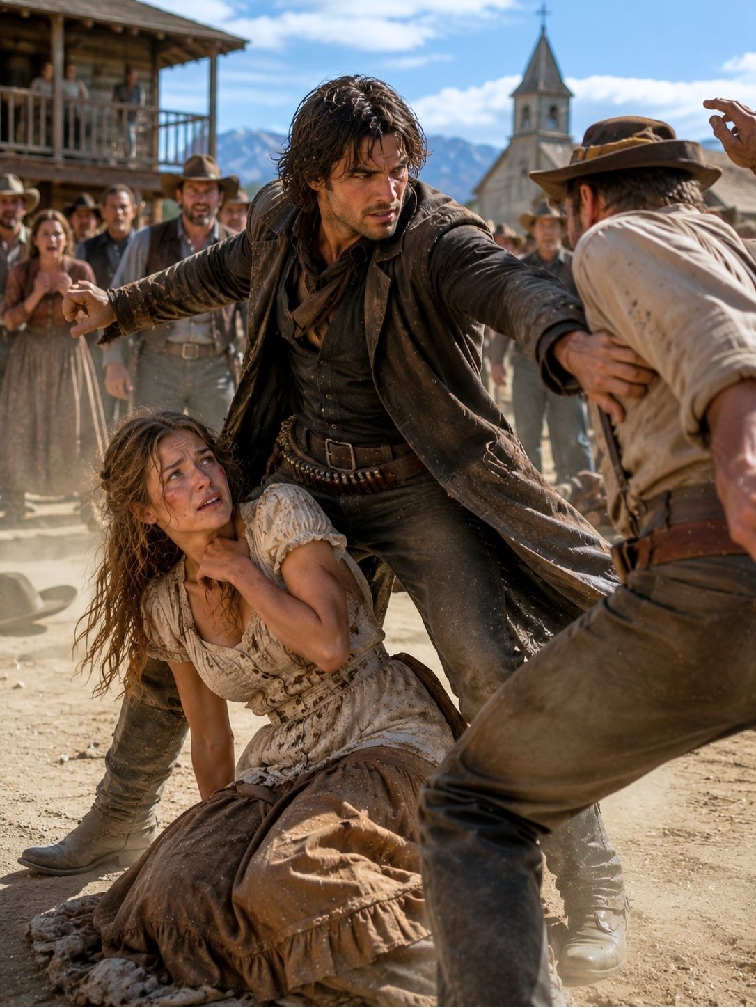 “Don’t hit me…” she begged before the entire town—until an outlaw cowboy stepped between them