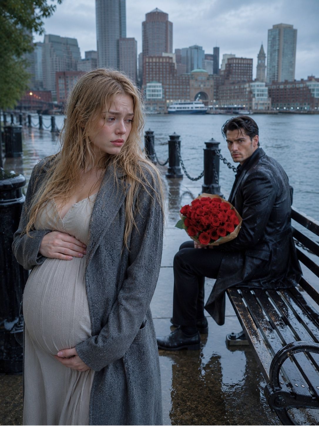 Alone in the Boston Rain, Eight Months Pregnant, She Saw the Mafia Boss She Fled Holding Red Roses on Their Bench — One Glance at Her Belly Revealed the Secret Daughter He Never Knew