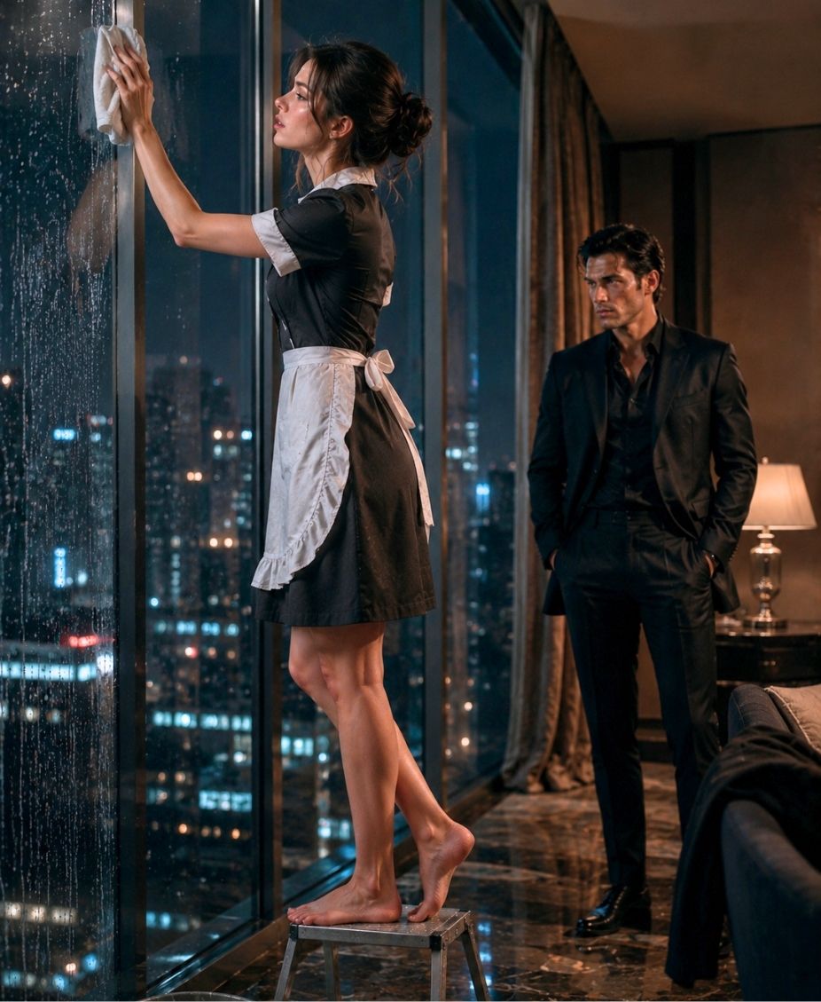 The quiet maid was wiping rain from a penthouse window, barefoot on a step stool, humming a melody she thought no one else alive could recognize—when the most dangerous man in Chicago went completely still