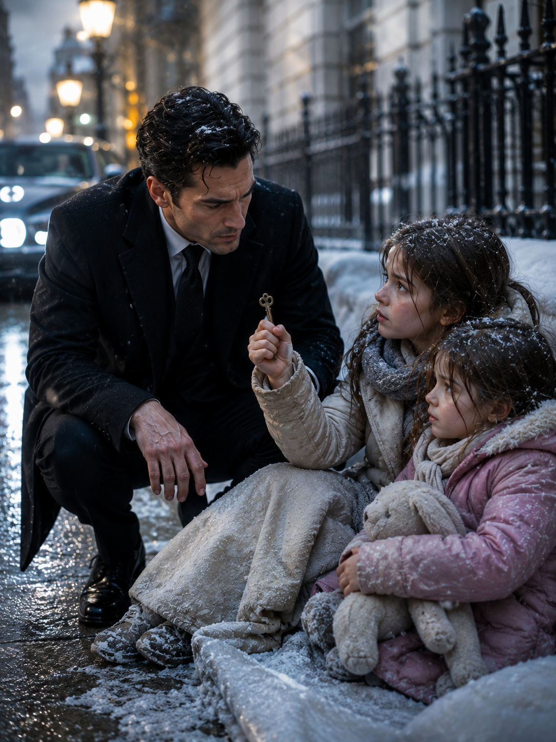 The Millionaire Found Two Little Girls Freezing Alone—Then the Key in the Older Sister’s Fist Exposed a Terrifying Secret