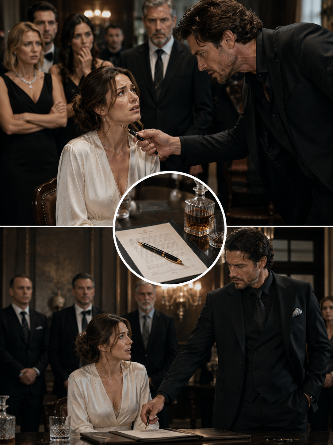 “You held a pen to my throat in a room full of people who pretended not to watch — and the most dangerous man in the city took it from my hand before I could sign my own destruction.”