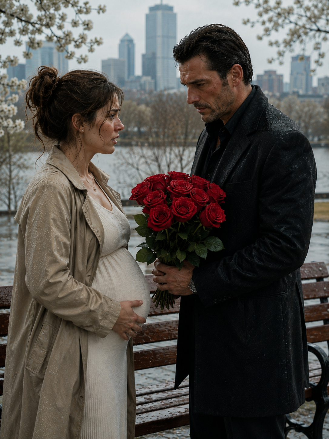 Alone in the Boston Rain, Eight Months Pregnant, She Saw the Mafia Boss She Fled Holding Red Roses on Their Bench—One Glance at Her Belly Revealed the Secret Daughter He Never Knew