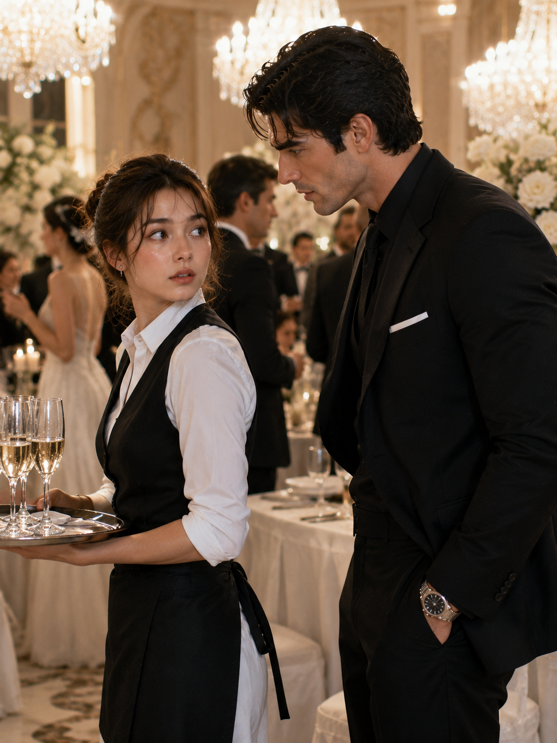 The Waitress Noticed a Stranger Staring at Her at a Billionaire’s Wedding—Then He Said Six Words That Changed Everything