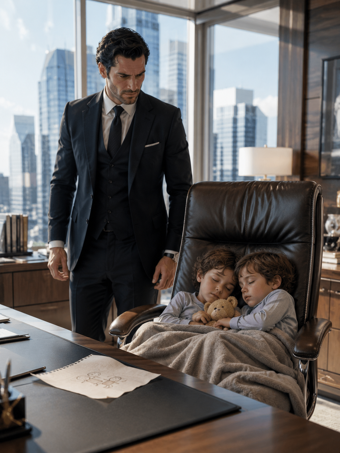 A Millionaire CEO Came to Work and Found Twins Sleeping in His Chair, and the Note Beside Them Destroyed the Life He Thought He Wanted