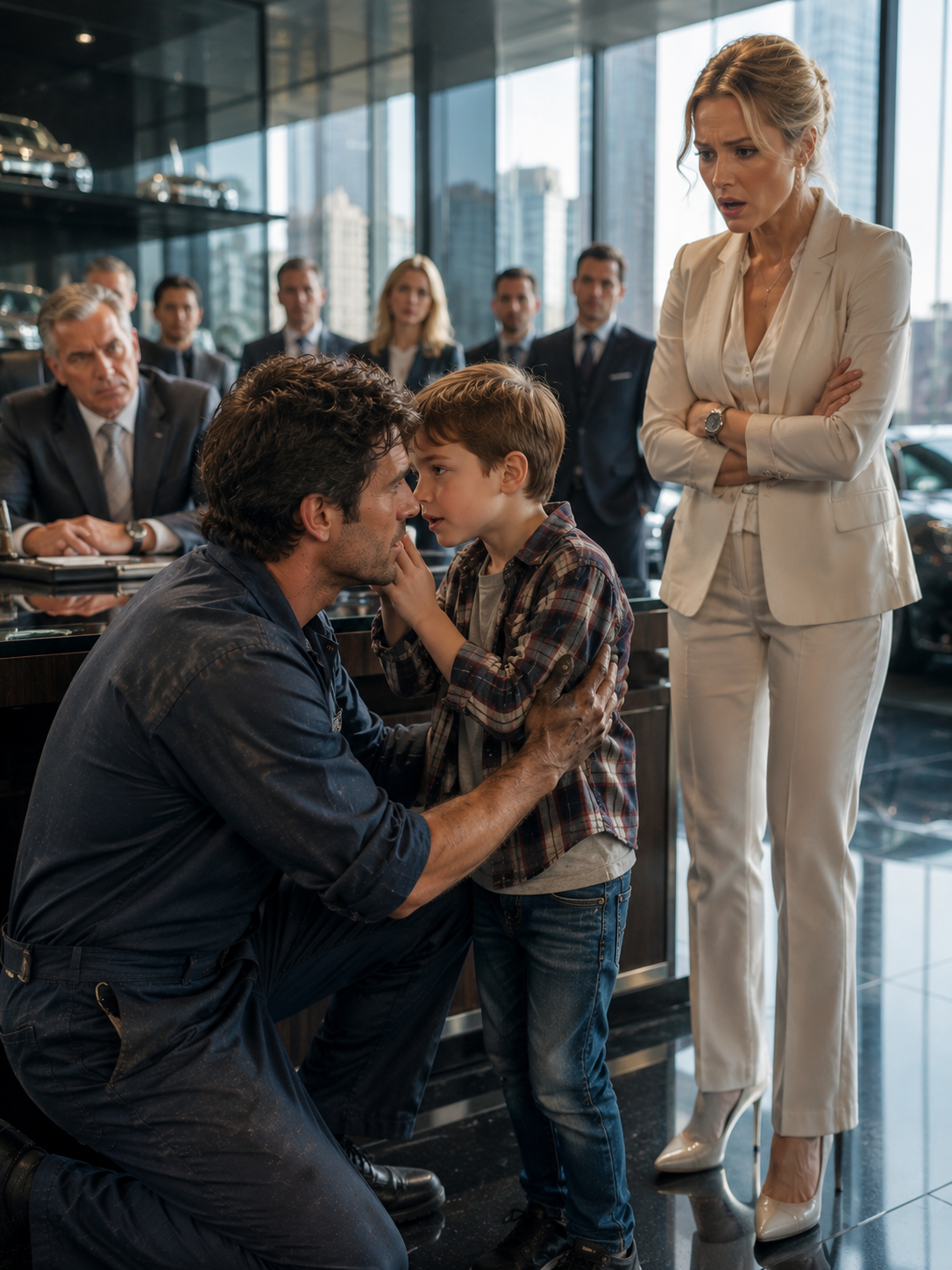 The CEO Laughed at the Single Dad Mechanic—Until Her Son Whispered, “He’s the Man Who Pulled Me From the Burning Car.”