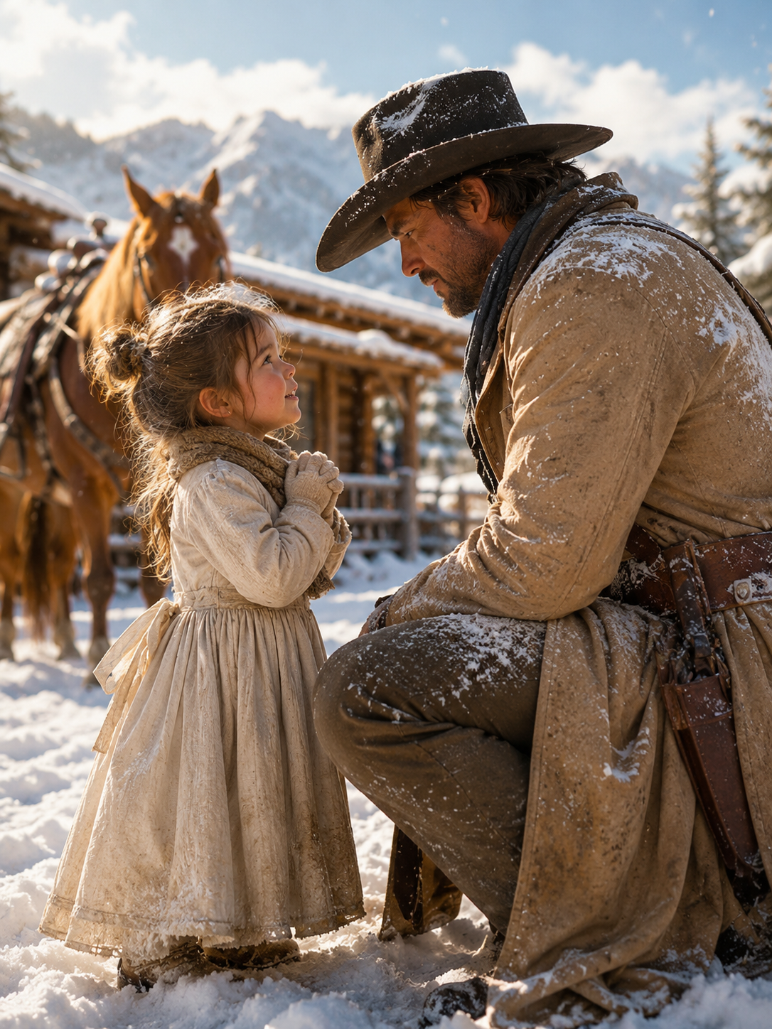 “Please don’t leave us,” the little girl whispered in the snow—and the broken cowboy never walked away again