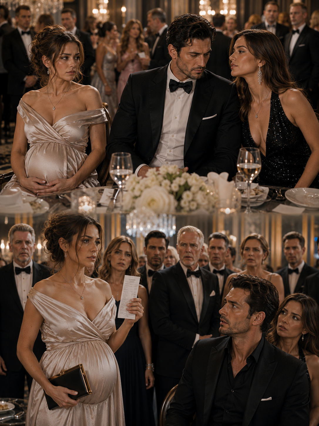 His mistress sat beside him at the company gala while I was thirty-two weeks pregnant and seated on his left. She was certain I’d stay quiet forever, smiling through humiliation to keep his beautiful house standing. But the moment I opened my clutch and unfolded that hotel receipt, I watched every investor’s smile disappear… because they had no idea I was the one holding the deed that could take his empire down with her.