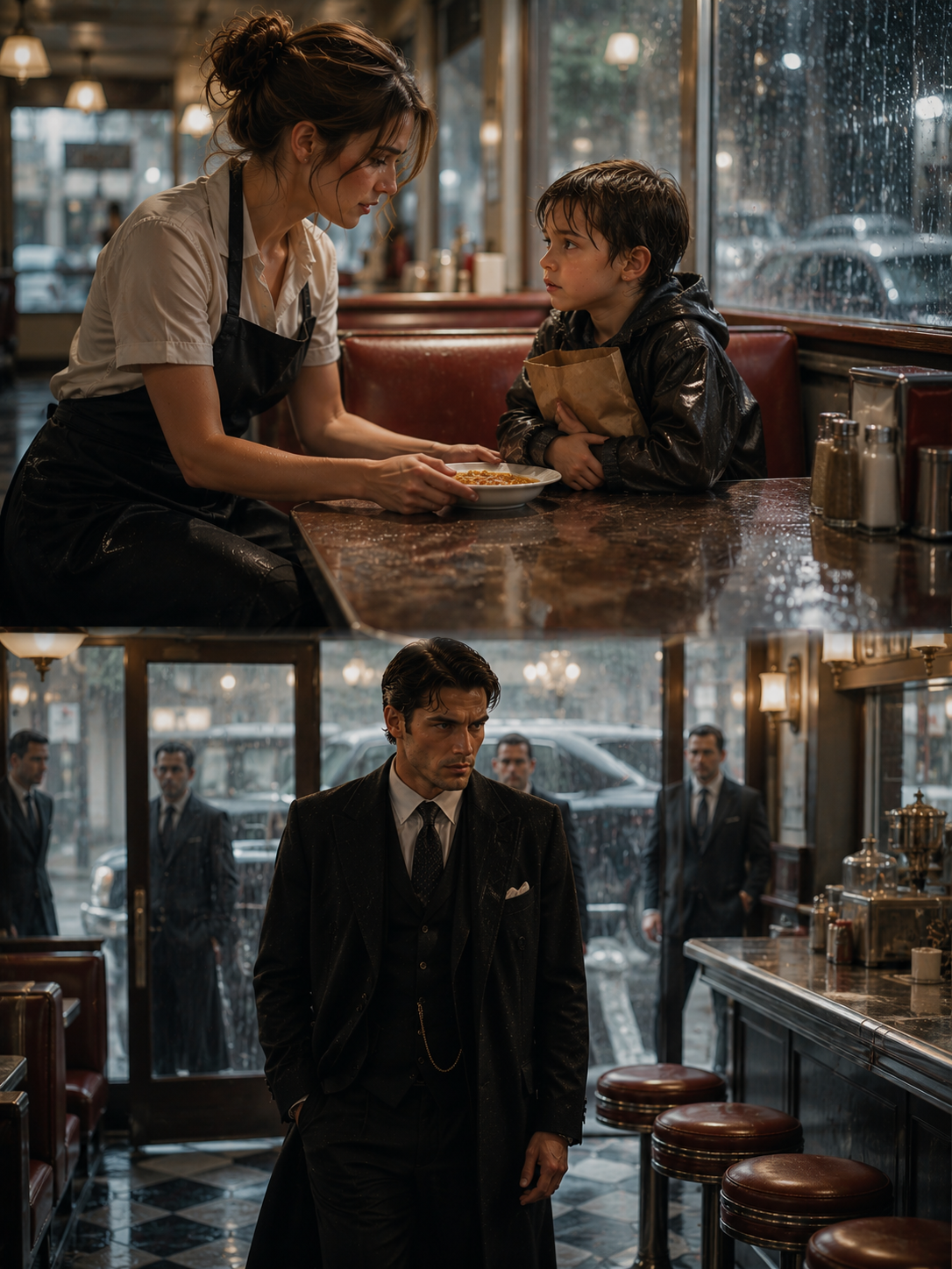 A soaking-wet little boy wandered into my struggling Chicago diner during the worst storm of the year, shivering so violently he could barely hold the tiny paper bag clutched in his hands. Giving him a free meal felt like the only decent thing to do, but before midnight, his father—the most feared mafia boss in the city—would walk through my front door, and one quiet sentence would change my life forever.