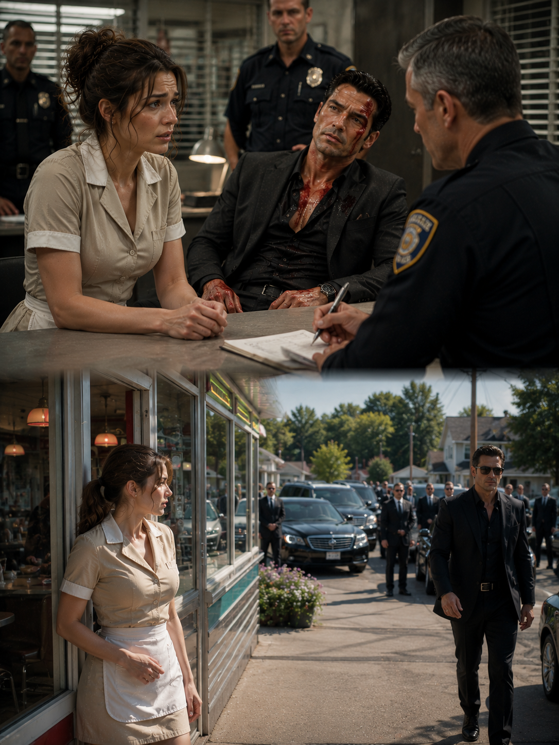 SHE LIED TO THE COPS FOR A BLEEDING MAFIA KING—THE NEXT MORNING, HIS BLACK CARS SURROUNDED HER DINER