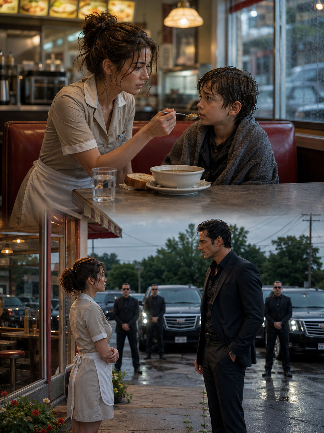 I fed a soaked, shivering boy in my dying diner and asked for nothing in return — by morning, three black SUVs had surrounded my building, and the man who stepped out made me a promise I couldn’t refuse.