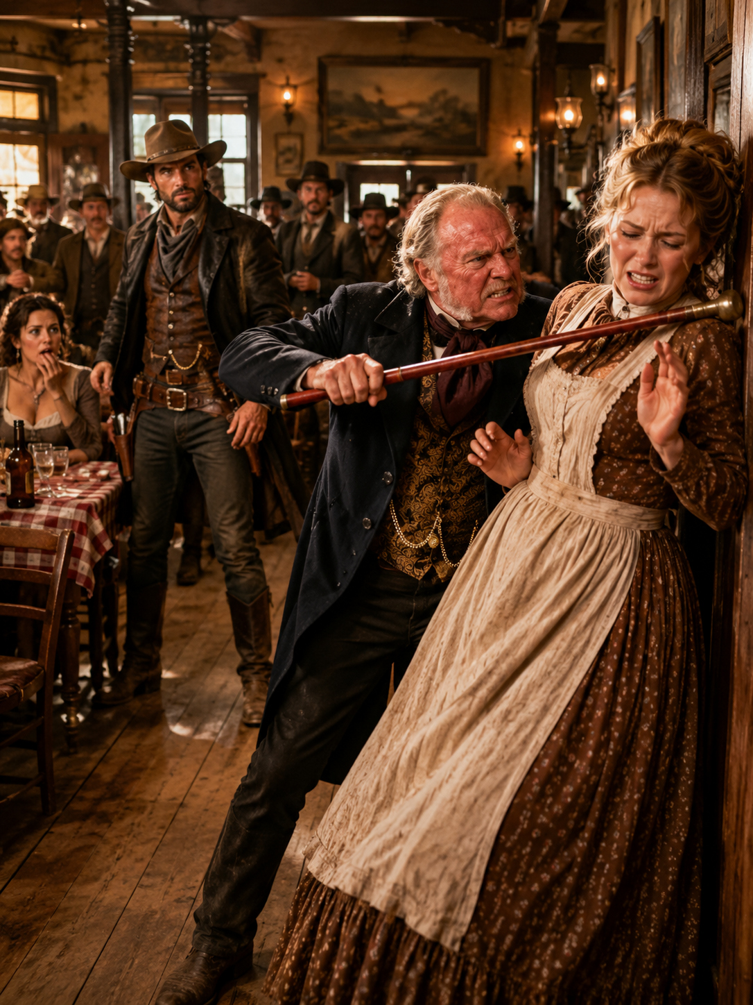 “Please help me…” she was kicked before the entire saloon — until an outlaw cowboy drew his gun