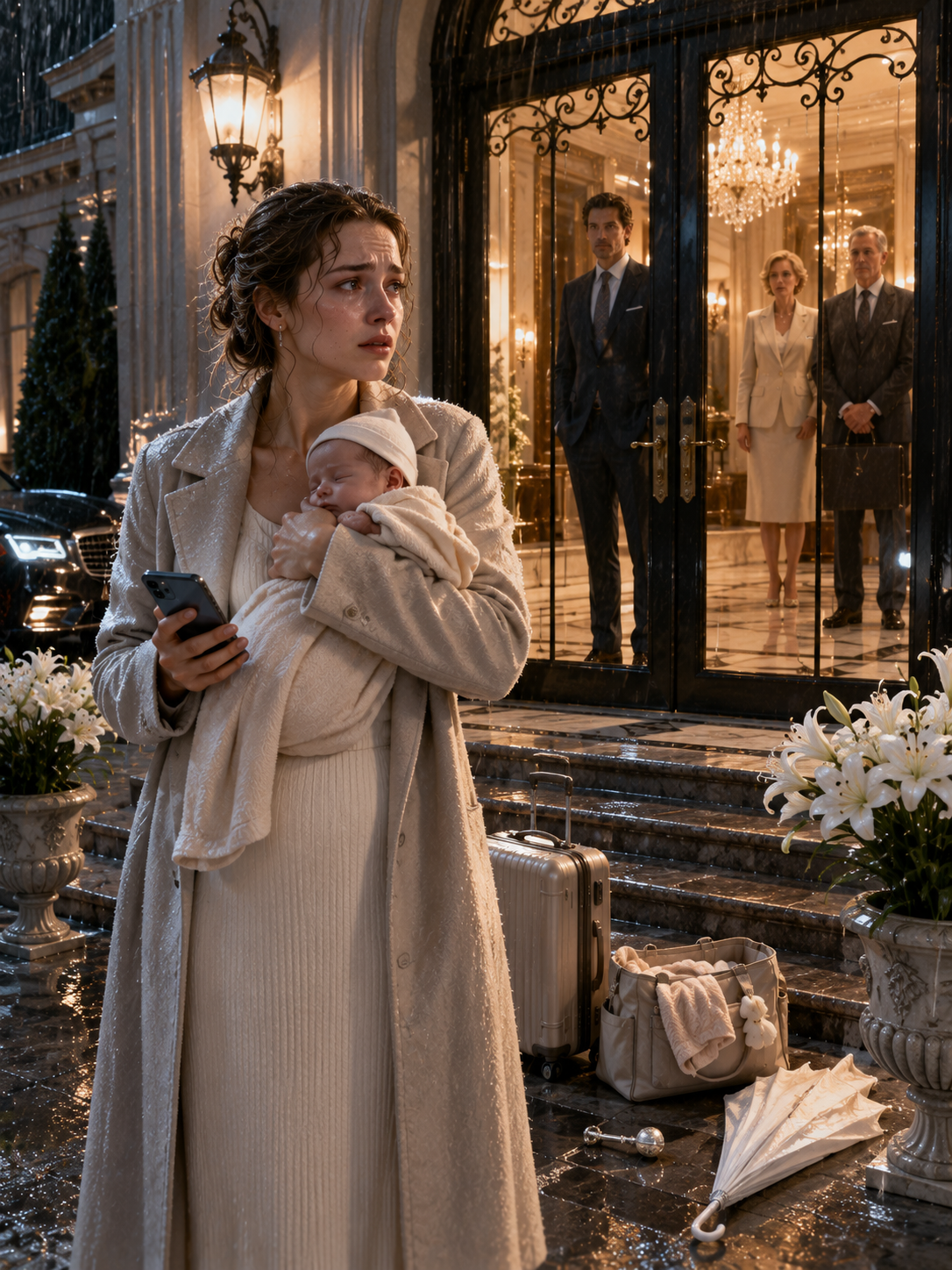 Three days after giving birth, the young mother stood in the rain, locked outside her own mansion, her newborn pressed against her chest. Her husband’s text said she was “too much stress.” By midnight, her lawyer uncovered the truth: he had already promised the house to his ex while plotting to prove her unfit — using the nursery camera his own mother had quietly seized control of.