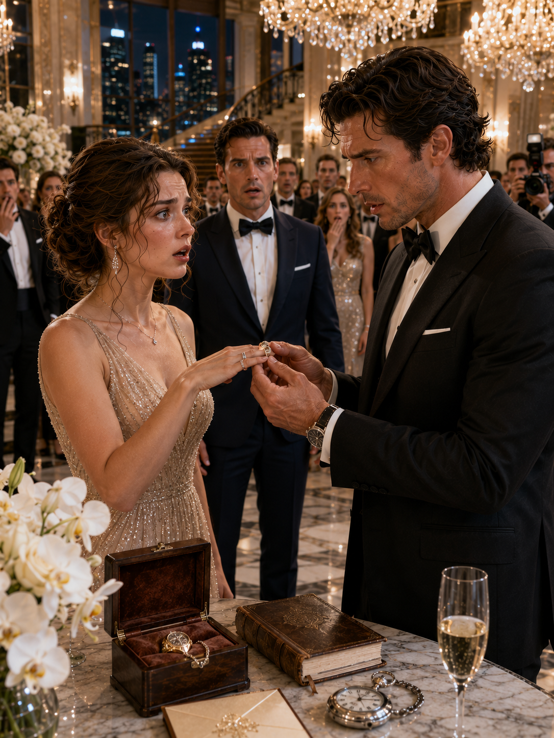 The executive assistant had worn her fiancé’s ring for six weeks, never once checking inside the band. Then the billionaire she secretly loved turned it over in front of five hundred guests—revealing his own family’s stolen crest. The surgeon she was about to marry had built their entire engagement on a lie he stole from a vault.