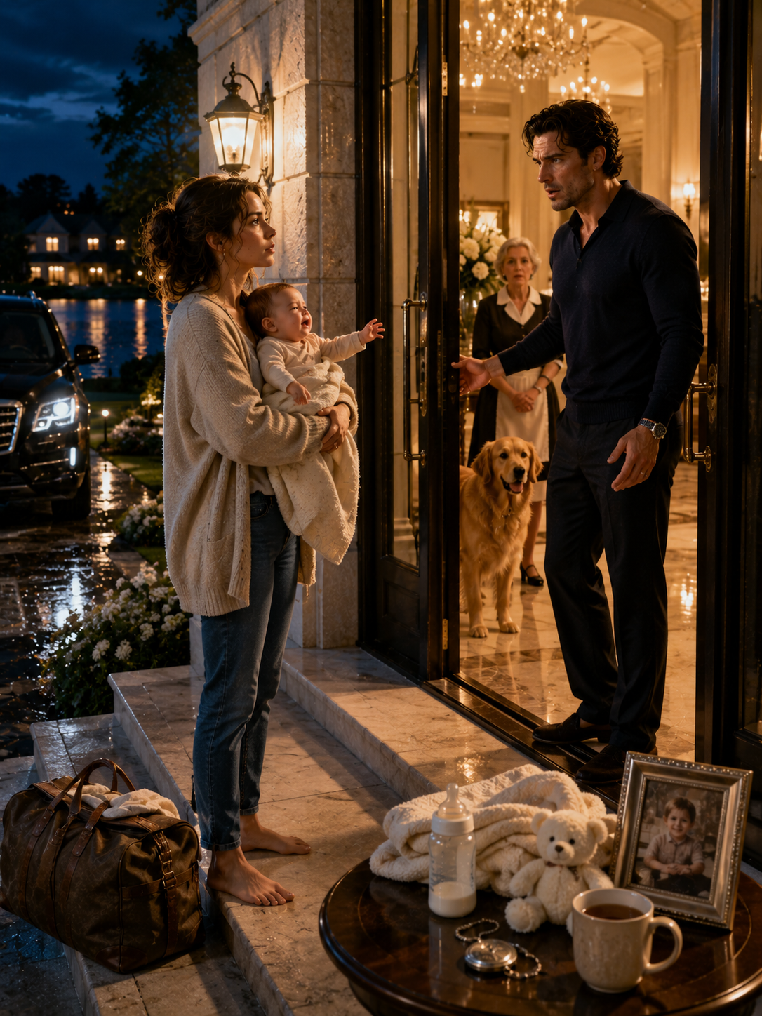At 2:17 in the morning, I stood barefoot on the doorstep of the only man who had ever truly loved me, holding my crying six-month-old daughter and one worn duffel bag. I expected billionaire Christopher Turner to close the door on the mess my life had become. Instead, one sentence changed everything—and neither of us realized a single midnight cry was about to uncover a love he had hidden for twenty-four years.