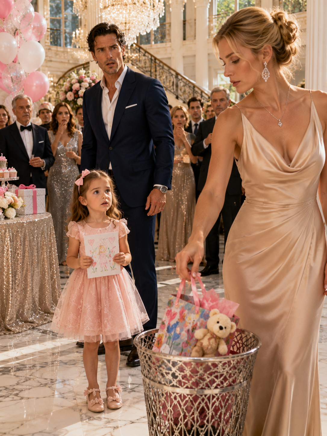 The billionaire watched his fiancée snatch the toddler’s crooked gift from her hands and toss it into the trash like garbage. Three hundred guests fell silent. The child’s confused sob broke something in him. By morning, he would learn exactly what kind of woman had been sharing his home.