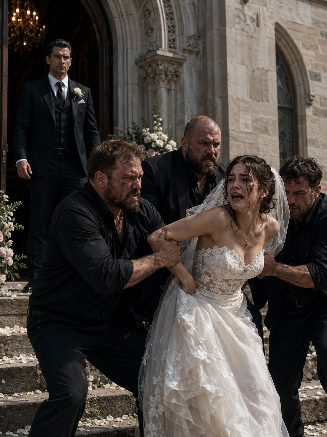 THREE CRIMINALS DRAGGED THE BRIDE OFF THE CHURCH STEPS — UNAWARE THE GROOM WAS WATCHING FROM THE RIDGE ABOVE THE VALLEY