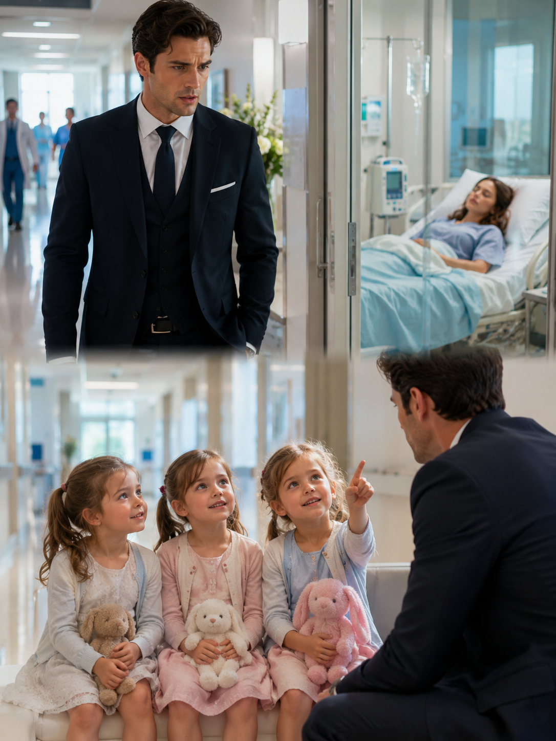He Came to the Hospital to See His Ex — But the CEO Froze When Three Little Girls Sat Outside Her Room… Then One Asked, “Are You Our Dad?”